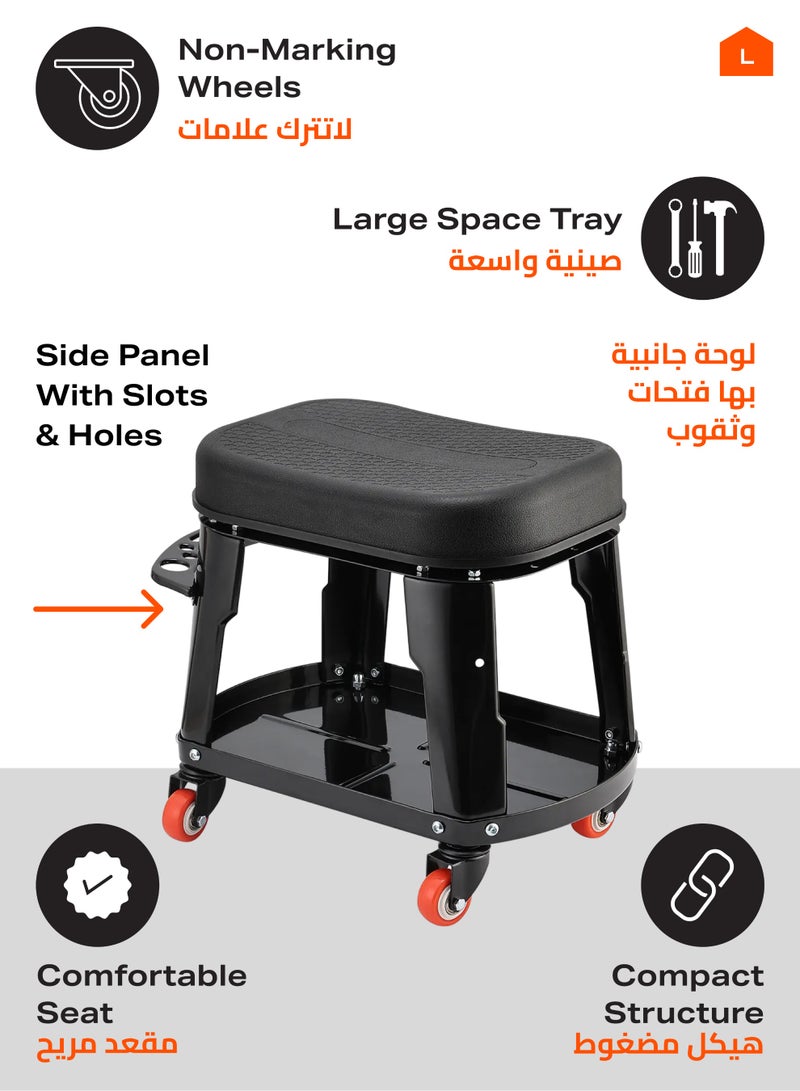 LAWAZIM Garage Mechanic Stool with Storage Tray and Tool Rack - 41.5x27x35cm - Rolling Garage Work Seat with 130kg Capacity and 360° Swivel Caster Wheels - Ideal for Car Detailing, Repairs, Workshops - Image 4